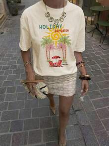 Aloruh 宽松T恤，饰有休闲棕榈树和法国里维埃拉图案，圆领短袖，宽松版型，适合夏季度假、海滩穿着。黄色夏季上衣，Y2K风格夏季服装，假日装扮，夏季女装，夏季度假装扮，夏季女装，夏季度假装扮，假日海滩装，女士度假服装。 - 杏色 - 查看 3