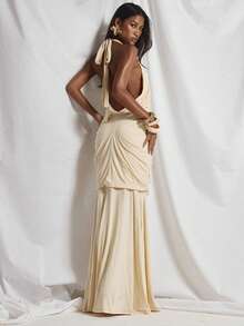 MUSERA Deep V Plunge Loose Sleeveless Ruched Draped Body Floor Length Maxi Dress Cute Holiday Sexy Night Out Vacation Spring Summer Elegant Soleil Drape - Light Yellow - View 2