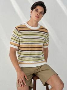 RONVEXI 男士条纹极简圆领短袖针织上衣 - 彩色 - 查看 4