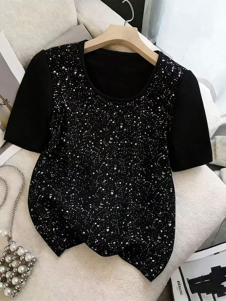 Franclia Phong cách Pháp thanh lịch, chất liệu vải dệt kim, màu bạc sáng bóng, tay ngắn, mềm mại và duyên dáng, dễ phối đồ, phù hợp cho đi làm, đi học, nơi công sở, sang trọng, tươi trẻ và năng động, chất liệu cao cấp, nữ tính, tôn dáng, thích hợp cho những buổi hẹn hò thường ngày, cũng phù hợp cho những dịp trang trọng, màu sắc cổ điển dễ phối đồ, áo thun nữ mùa hè mới. - màu đen - Xem 1