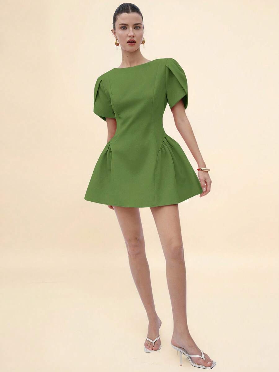 BELROSIE Italian Style Tulip 3D Short Sleeve Round Neck Peplum Hem Split Skirt Women Short Princess Dress - Green - View 1