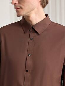 Men's Coffee Brown Shirt Solid Color Formal Dress Shirt With Button Design, Old Money Long Sleeve - Coffee Brown - View 5