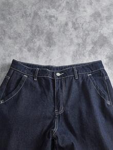 Manfinity ZONE917 男士时尚口袋印花宽松牛仔裤 - 深色水洗藍 - 查看 3