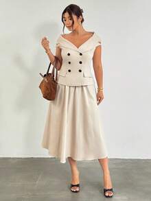 Firerie Plus Size Women's Beige Summer Smart Casual Office Elegant Minimalist Off-Shoulder Blazer Double-Breasted Jacket & High-Waist Umbrella Skirt Set - Khaki - View 6