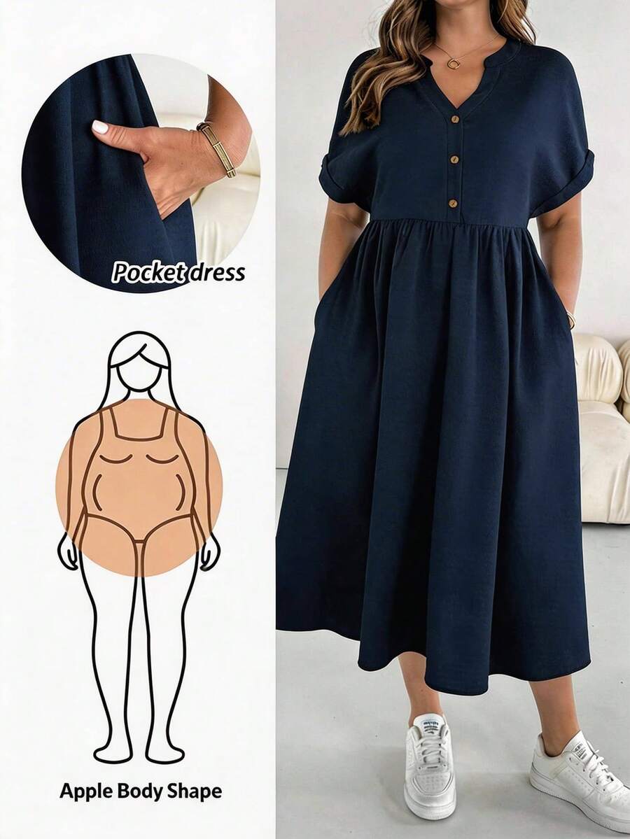 SHEIN Essnce 大码休闲纯色V领连衣裙,夏季 - 藏蓝色 - 查看 1