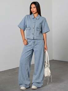 SHEIN 少女纯色水洗深蓝色牛仔衬衫翻领短袖上衣夏季牛仔套装办公室穿搭学院风女装秋季衬衫，返校季女装，校园上衣，返校节服装 - 淺色水洗藍 - 查看 6