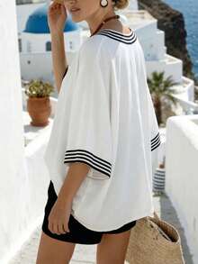 Selianne Áo sơ mi nữ cổ chữ V dáng rộng, họa tiết kẻ sọc, thích hợp mặc đi làm, đi nghỉ mát, thanh lịch. - Đen và trắng - Xem 2