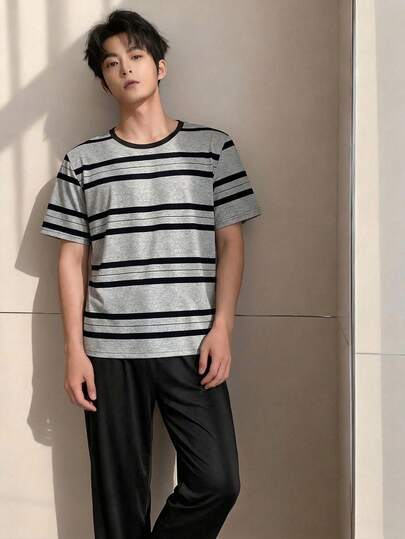 2pcs/Set Teenage Boys Casual Classic Black & Gray Striped Print Short Sleeve Top And Relaxed Fit Black Pants Knit Fabric Loungewear Set