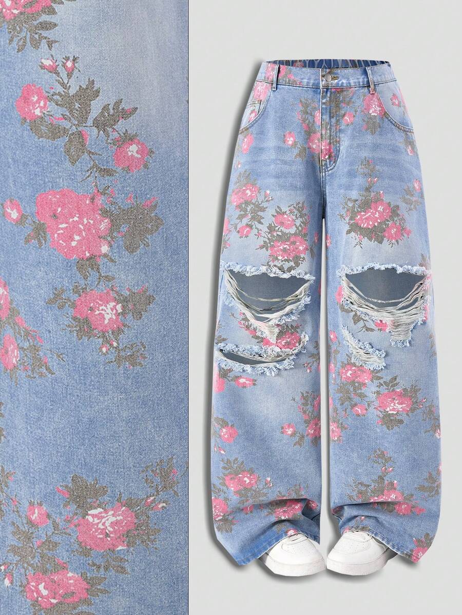 SHEIN MOD 大码休闲水洗印花做旧牛仔裤 - 粉色 - 查看 1