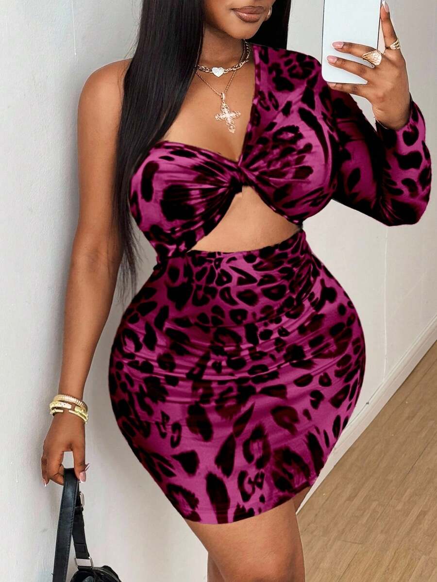 Plus Size Women Leopard Print Hollow Out Twist Mini Dress - Purple - View 1