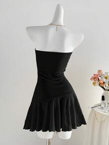 Sweetra 女士黄色针织提花金属海星装饰荷叶边下摆修身迷你连衣裙，春夏款，适合度假、海滩、波西米亚风、优雅派对、浪漫约会、日常百搭穿着 - 黑色 - 查看 2