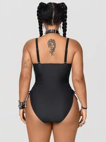 ROMWE Goth Plus Size Skeleton Print One-Piece Swimsuit, Vacation & Beach - Navy Blue - View 2