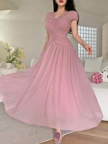 Feyla Đầm dự tiệc nghỉ dưỡng kiểu Pháp cổ điển sang trọng, xếp ly, cổ chữ V, thắt eo, hàng mới về. - Bụi hồng - Xem 4