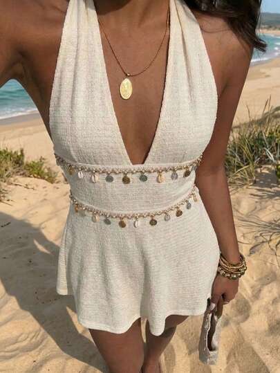 Aloruh Women's Summer Bohemian Style Woven Strap Seashell Tassel Decor Mini Dress, Sexy Backless Halter Neck A-Line Mini Dress, Solid Apricot Color, Suitable For Music Festivals, Beach Vacations, Daily Dates, Romantic Dates, Sexy Resort Bohemian Backless Seashell Trim Apricot Women's Dress