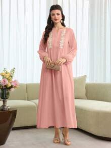 Yasmyna Embroidered Lace Patchwork Front Striped Yellow Cotton Tunic - Pink - View 7