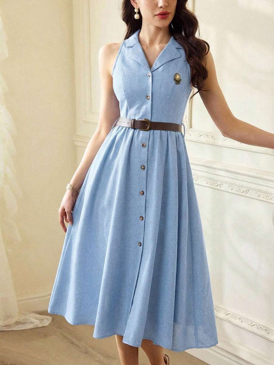 Vintamour 复古优雅女士连衣裙，带口袋和腰带，衬衫裙，休闲办公度假夏季女装，夏季连衣裙，度假装，复活节女装，春季女装，西式女装，复活节连衣裙，春季连衣裙，婚礼宾客连衣裙，优雅商务休闲女装，夏季服装，生日连衣裙，夏季春假连衣裙 - 淺藍色 - 查看 1