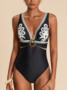 Travachic Women's V-Neck Retro Wide Strap Fitted One-Piece Swimsuit Set, Summer - Multicolor - View 8