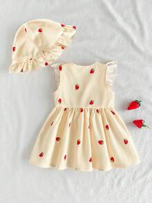 SHEIN Vintaside Kids 夏季新生女宝宝杏色圆领荷叶边卡通樱桃印花无袖红色蝴蝶结连衣裙，搭配红色帽子，优雅可爱 - 黃色 - 查看 3