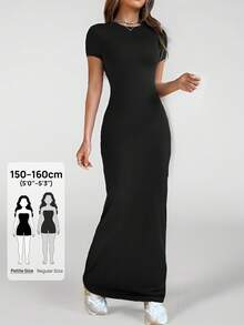 SHEIN PETITE 女士圆领修身短袖连衣裙，适合春夏季日常穿着 - 黑色 - 查看 2