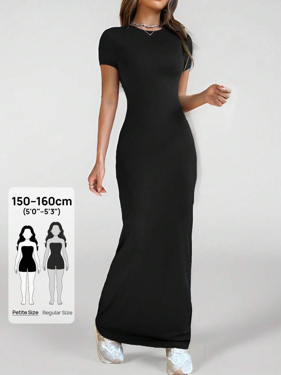 SHEIN PETITE 女士圆领修身短袖连衣裙，适合春夏季日常穿着