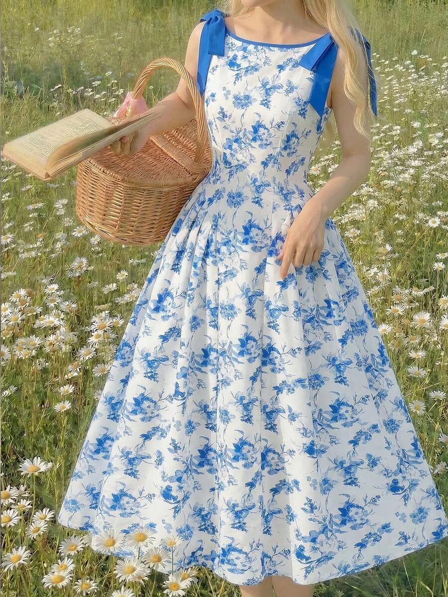 SHEIN 女童优雅蓝白碎花撞色蝴蝶结装饰无袖中长连衣裙 - 藍白色 - 查看 1