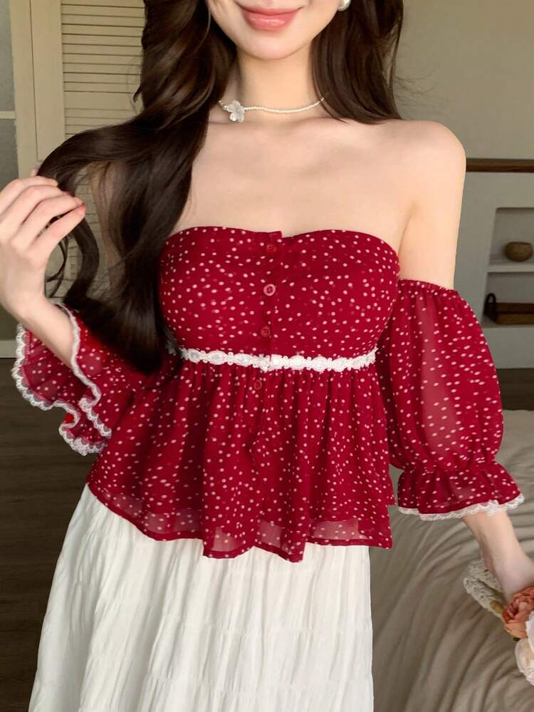 Spring & Summer Polka Dot Print Red Blouse With Ruffle Lace Trim, Hollow-Out Design, Off-Shoulder, Cropped, Waist Cinching, Short Sleeve, Casual Beach Vacation Style Boho