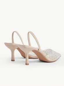 CUCCOO CHICEST Bombas de tacón alto con punta puntiaguda, de tacón transparente, con perlas y strass, sexy y elegante - Beis - Ver 10