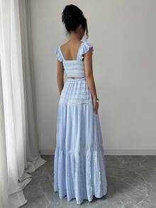 Elenzga 春夏蓝色针织纹理抹胸上衣，喇叭袖，搭配层叠A字裙套装，优雅法式度假风女装 - 淺藍色 - 查看 2