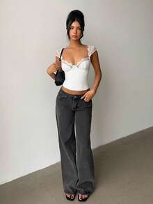 Aloruh White Lace Patchwork T-Shirt, Elegant For Commuting And Casual Wear, Solid Color Top,Y2K,Summer Top,Beach Outfits Suitable For Office, Work, Airport, And Vacation. Cute Sexy Tops Cute Top Body Tops For Ladies - White - View 6