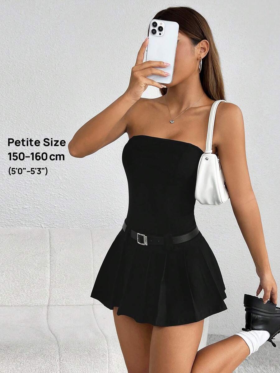 SHEIN PETITE Solid Tube Pleated Hem Belted Tube Short Summer Dress - Black - View 1