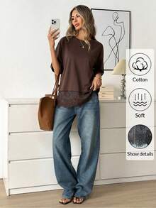 Easowa 女士黑色短袖圆领蕾丝下摆宽松T恤 - 棕色 - 查看 5