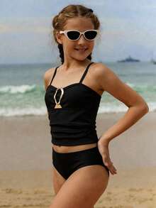 Tween Girl Vacation Beach Camisole Tankini Set - Black - View 3