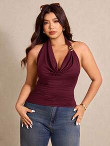 Elaquor Plus Size Women Fashion Solid Color Halter Backless Top - Burgundy - View 5