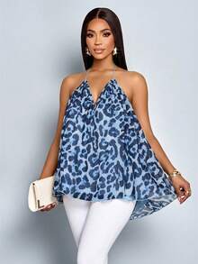 SOLERSUN Women's Elegant Blue Leopard Print Halter Deep V Neck Flowy Drape Pleated Mesh Layered Camisole Tank Top For Summer,Casual,Vacation,Holiday,Party - Baby Blue - View 4