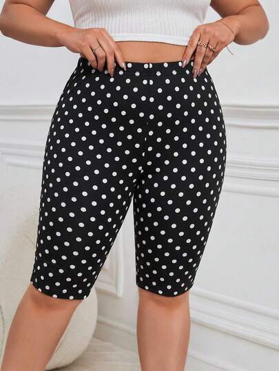 SHEIN Essnce Leggings corti a pois bianchi e neri per donne taglie forti