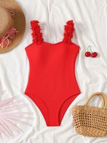 SHEIN Tween Girl 3D Floral One-Piece Swimsuit Girls Pink Bow Swimsuit Girls Striped Swimsuit One Piece Swimsuit Girls Pink One Piece Swimsuit Girls Swimwear - Red - View 4