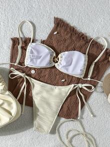 Swim Mod Apricot Plain Textured Bikini Set With Spaghetti Strap Top And Tie Side Bottom Women Swimwear - Apricot - View 3