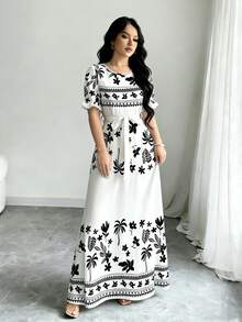Modelyn Floral & Triangular Pattern Digital Print Crew Neck Long Sleeve A-Line Dress, Waist Cinched, Fashionable, Spring - Multicolor - View 3