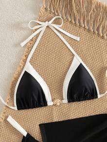 Bonvoyette Bộ bikini 3 món dành cho nữ với chân váy xếp ly buộc dây, kiểu dáng tối giản, thời trang, phối màu tương phản, gợi cảm, hở lưng, thích hợp cho bơi lội, kỳ nghỉ, du lịch biển. - màu đen - Xem 6