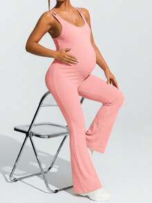 SHEIN Maternity Solid Color Camisole & Flared Pants Set,Word Cup - Baby Pink - View 7