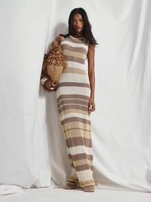 MUSERA Striped Crochet Scoop Open Tie Back Floor Length Maxi Dress Cute Holiday Sexy Night Out Vacation Spring Summer Elegant Soleil Drape - Multicolor - View 3