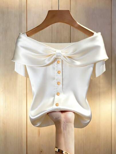GlowEve Knitted White Satin Bow Twist Front Metallic Decor Short Sleeve Fitted Elegant Casual Women T-Shirt With Design Details