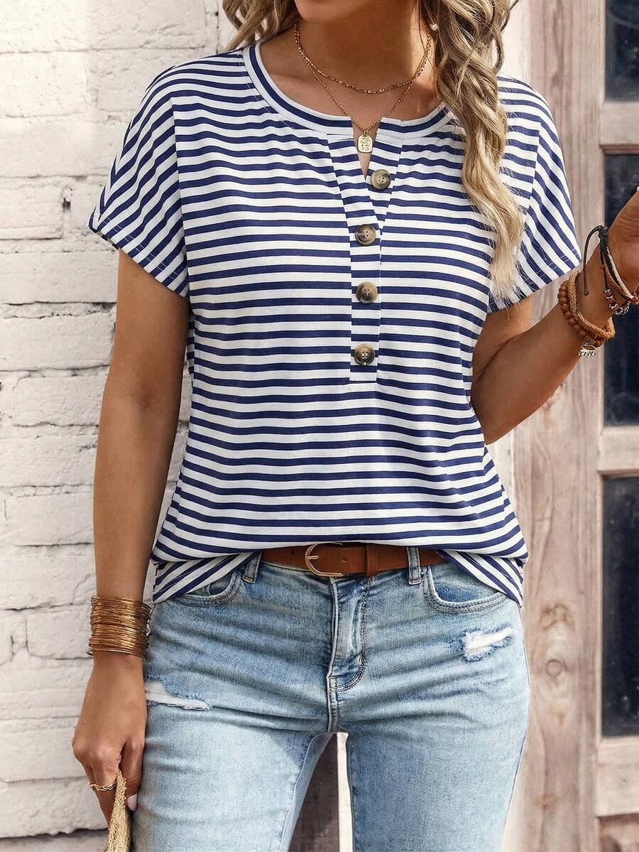 Selamara 新款女式时尚休闲百搭印花条纹短袖T恤 - 彩色 - 查看 1