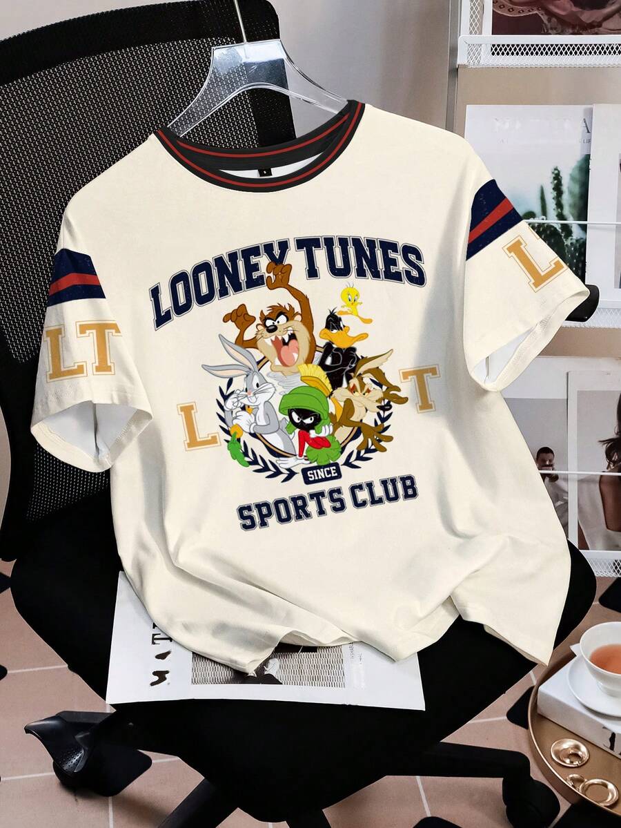 LOONEY TUNES X SHEIN Áo thun nữ tay ngắn cổ tròn in họa tiết dễ thương, kiểu dáng thường ngày. - trắng - Xem 1