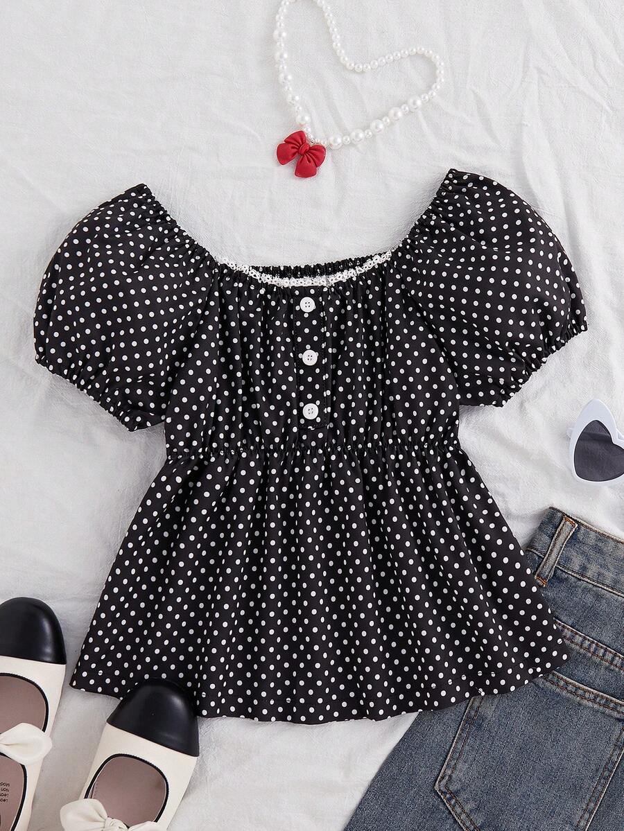 Blusa de punto con botones, cuello de volantes, escote en U, ajustada, estampado de lunares, uso diario y versátil para niñas preadolescentes - Negro - Ver 1