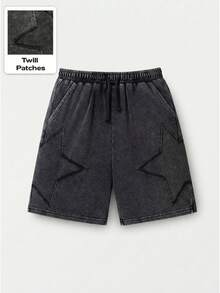 Tween Boys' Street Life Black Summer Casual Star Pattern Drawstring Waist Pocket Shorts,Snowflake Texture Fabric,Suitable For School,Vacations - Black - View 2