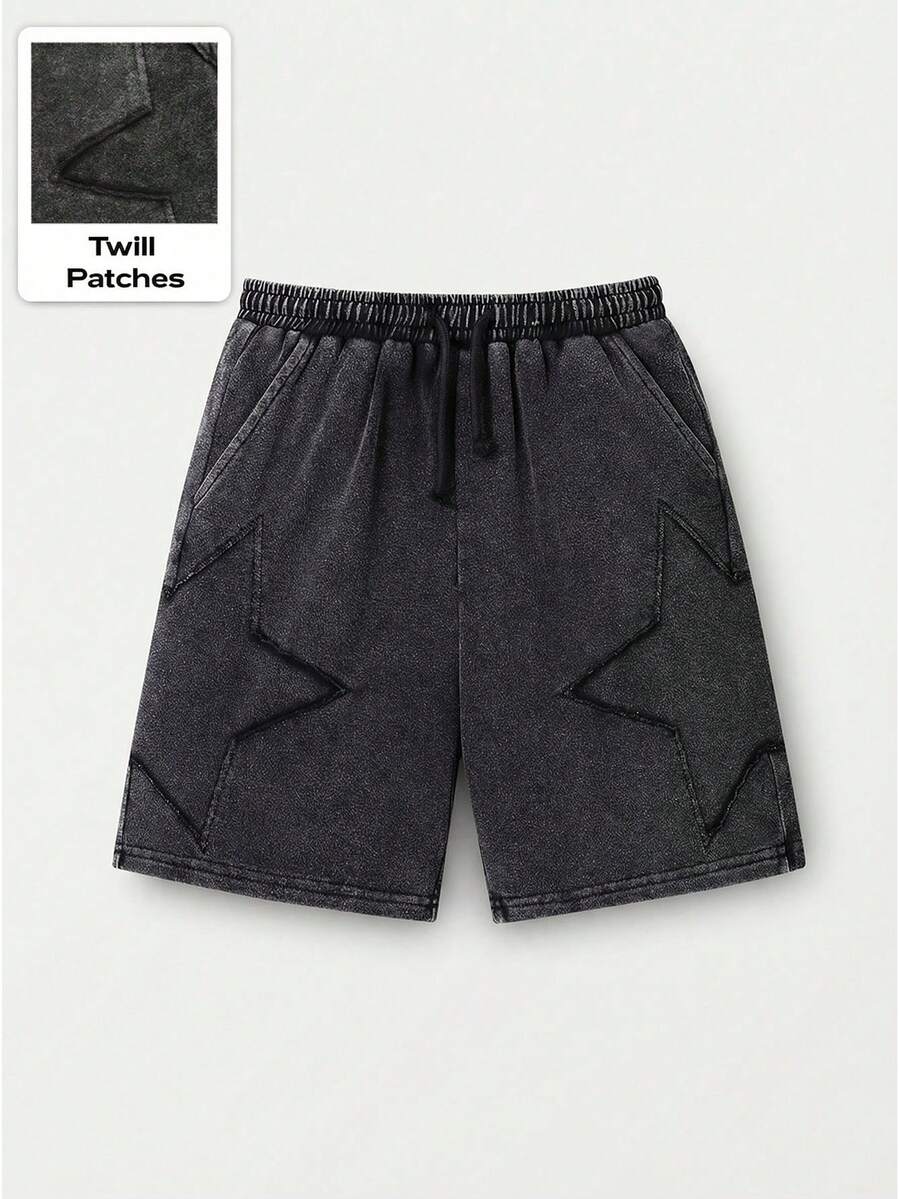 Tween Boys' Street Life Black Summer Casual Star Pattern Drawstring Waist Pocket Shorts,Snowflake Texture Fabric,Suitable For School,Vacations