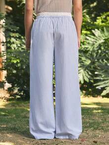 Open Phase Men's Woven Striped Loose Wide-Leg Casual Straight Pants, Going Out Long Drawstring Baggy Basic Light Blue Slacks Pants, Fits Daily Wear, Husband, Boyfriend Gifts, Fall - Baby Blue - View 5