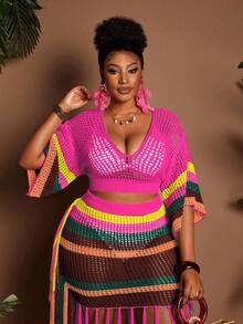 Maweii Plus Size Women's Knitted 2-Piece Set,Pink Summer Boho Vacation V-Neck Short-Sleeved Top & Tassel Mini Skirt,Flowing Seaside Swimsuit Outing Fall - Multicolor - View 5