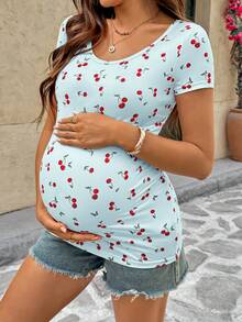 SHEIN Áo thun ngắn tay cổ tròn in hình quả anh đào dành cho bà bầu, kiểu dáng thường ngày, thích hợp cho mùa hè. - Màu xanh lam - Xem 6